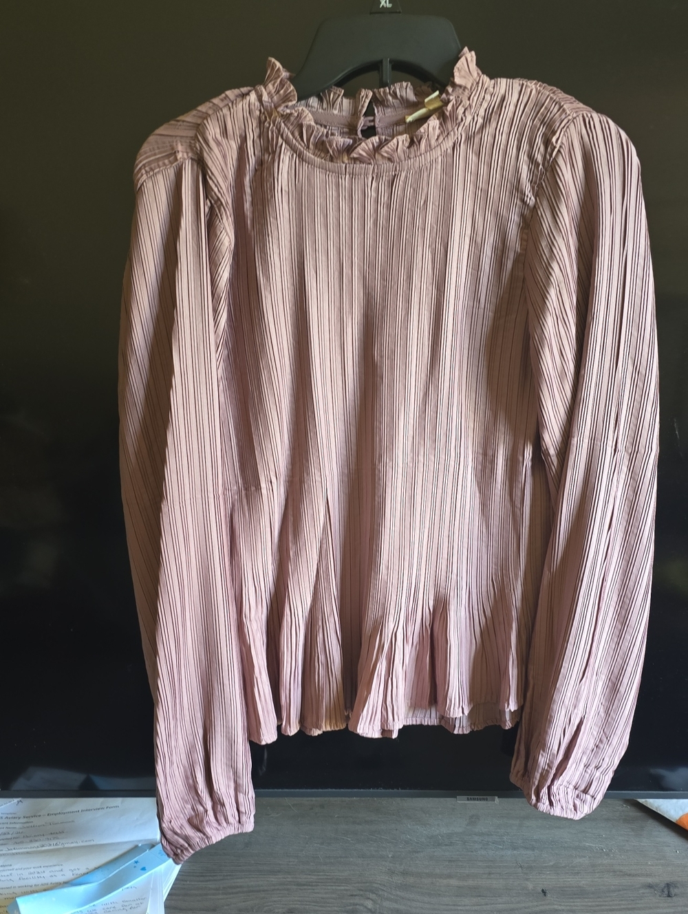 easel Dusty Rose Pleated Ruffle Neck Blouse